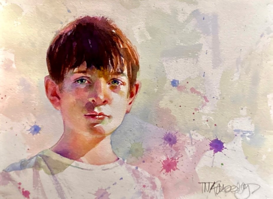 light and bright watercolor painting with blots of pink and purple scattered in the background of a young light skinned, reddish hair boy wearing a white tshirt